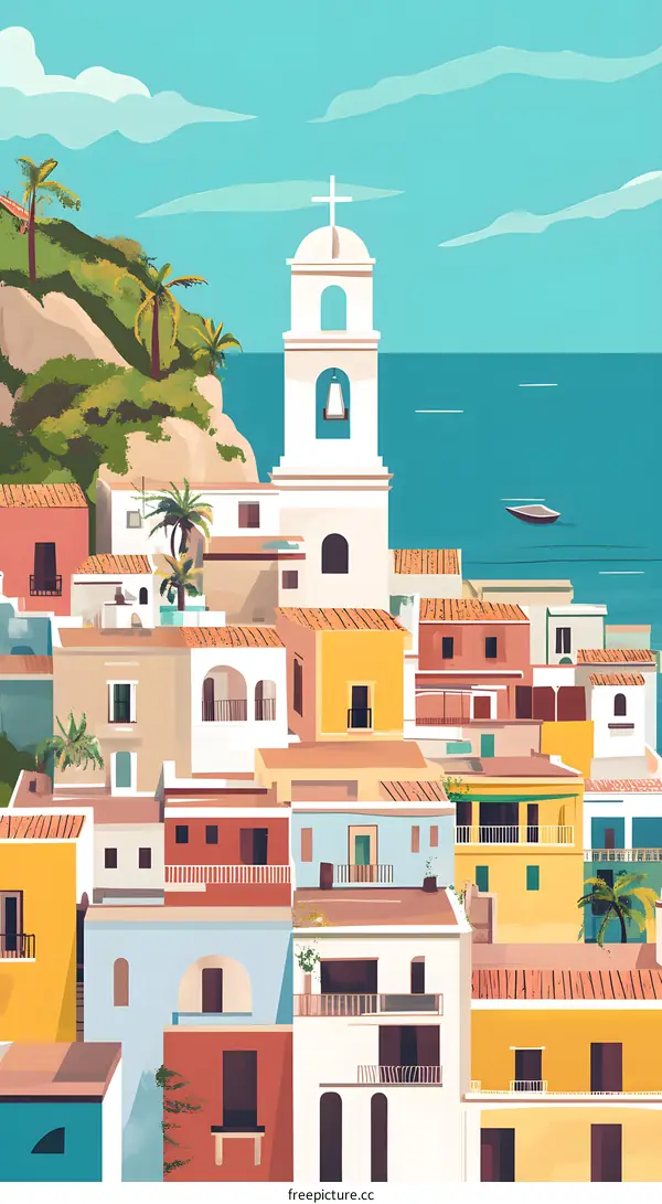 Colorful Buildings and a Bell Tower on a Hilltop Overlooking the Sea
