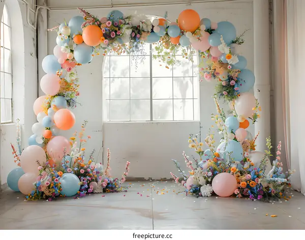 Balloon Arch Decorated With Flowers and Balloons for Wedding or Party