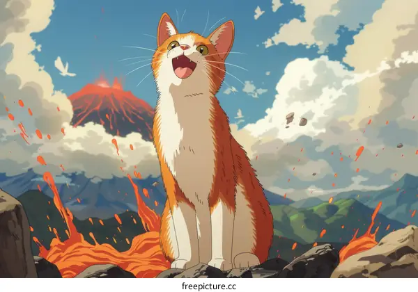 Cat Witnessing a Volcanic Eruption