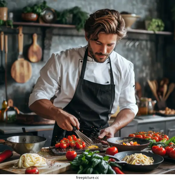 Focused male chef whisking spices over tomatoes
