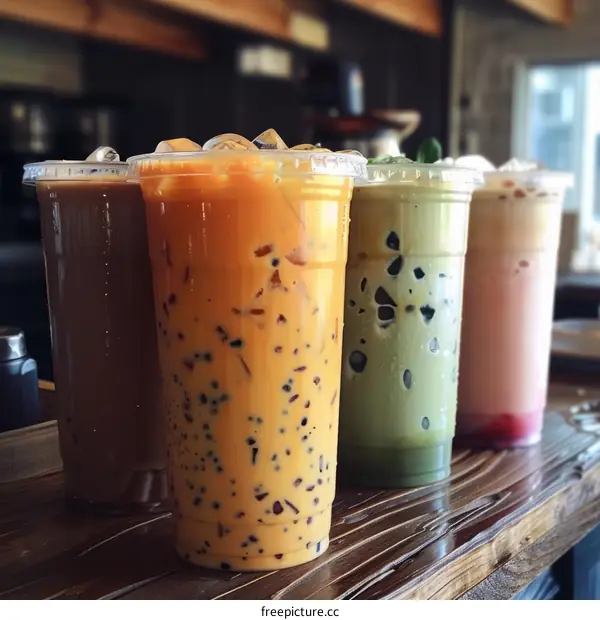 Five plastic cups of various cold drinks on a wooden table