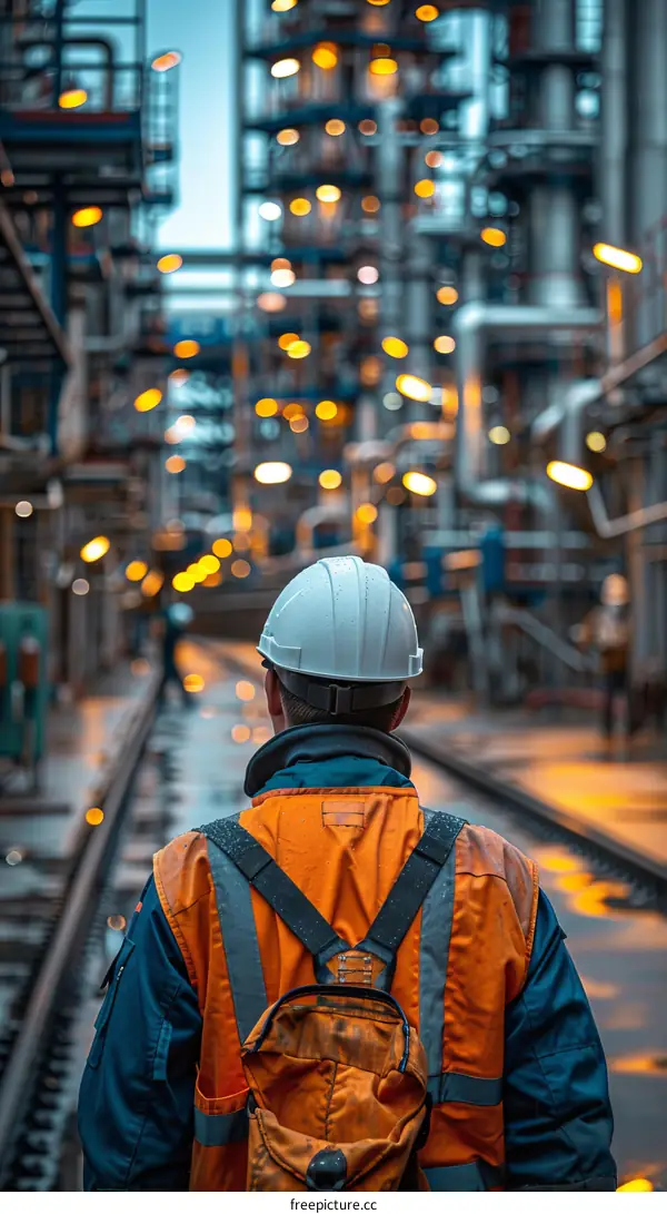 Oil refinery worker wearing hard hat and safety vest