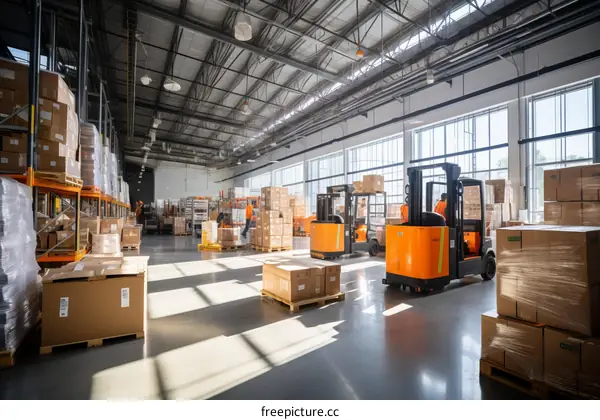 A large warehouse with forklifts and workers