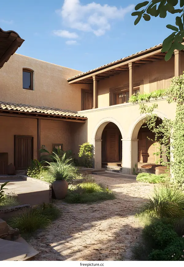 Spanish Style Courtyard with Archways and Greenery