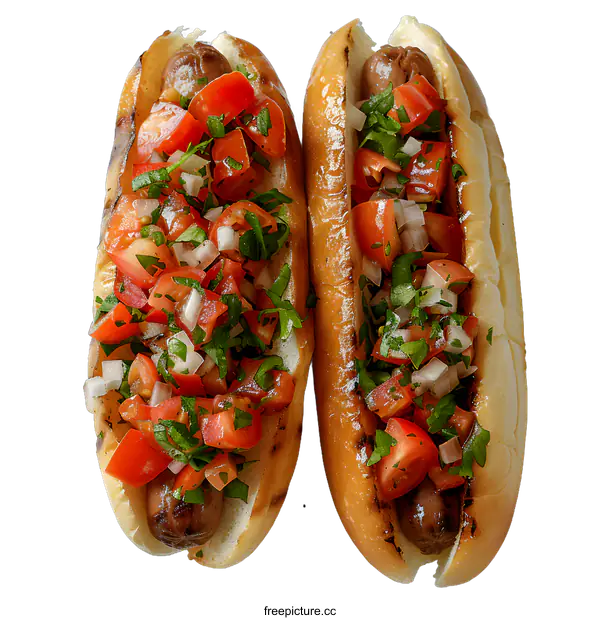 [Transparent Background PNG]Two Grilled Hot Dogs with Tomato Salsa