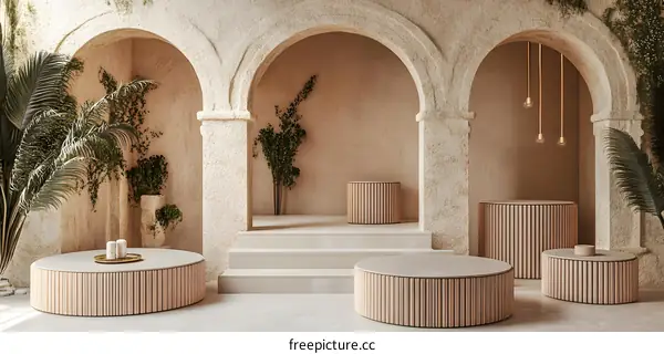 Archway Courtyard Minimalist Interior Design With Wooden Tables And Plants