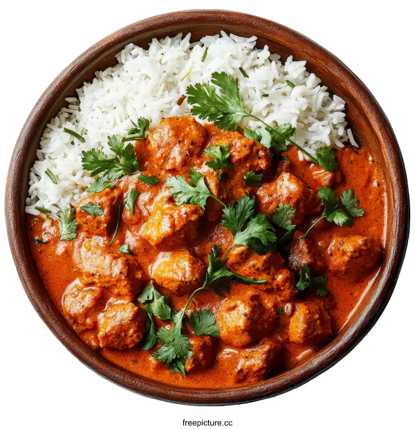[Transparent Background PNG]Chicken Tikka Masala with Rice in a Terracotta Bowl