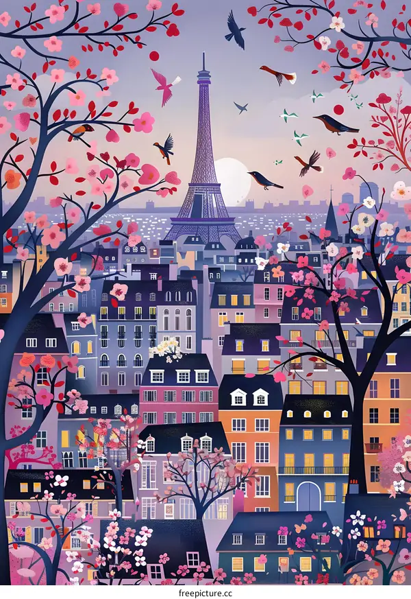 Springtime in Paris with Cherry Blossoms and the Eiffel Tower