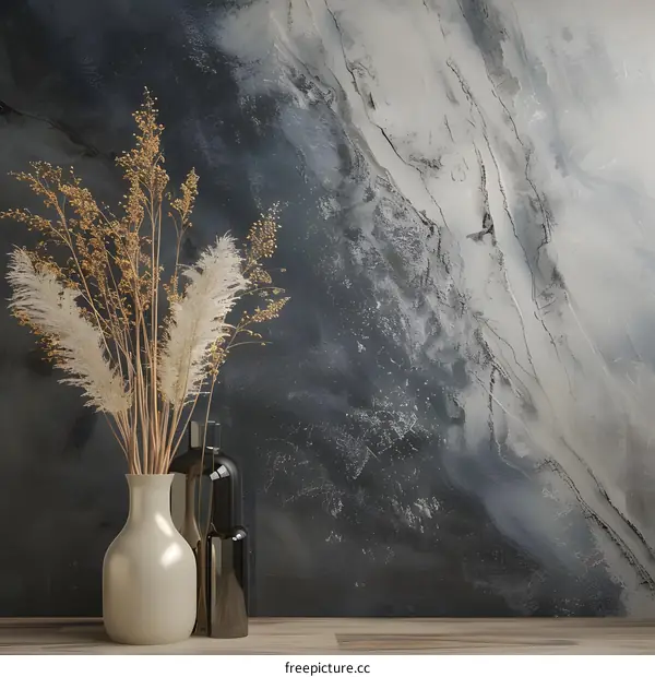 White Vase With Dried Flowers On Wooden Table Against Dark Gray Marble Wall