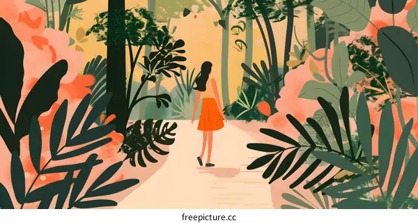 Woman Walking Through a Lush Tropical Forest