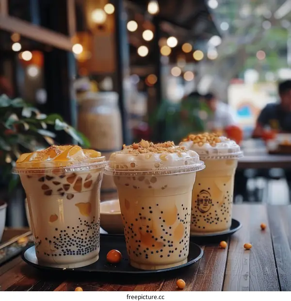 Three Bubble Teas with Various Toppings on a Wooden Table