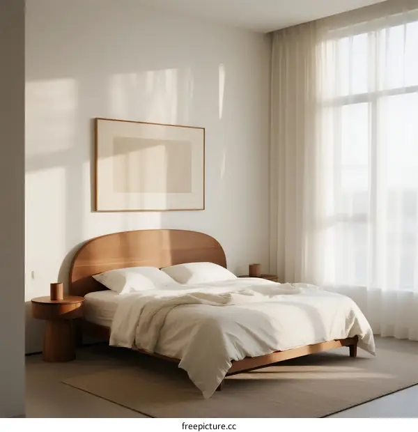 Minimalist bedroom with wooden bed and soft sunlight through window