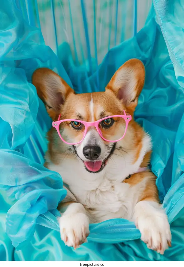 A cute dog wearing pink glasses is lying on a blue cloth