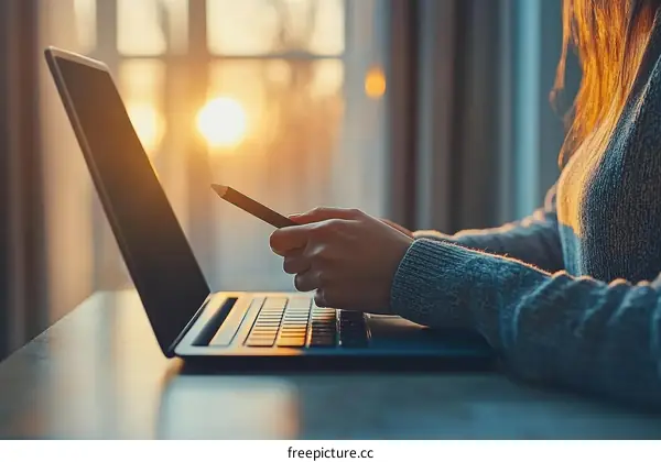 Woman Working on Laptop at Sunset