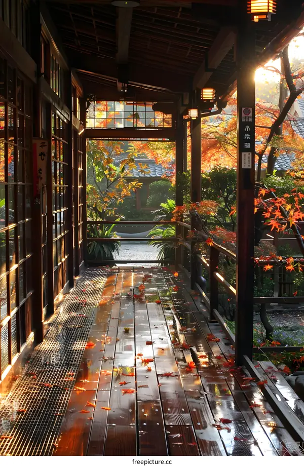 Wooden corridor with autumn leaves