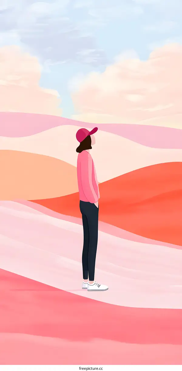 Woman in pink sweater and cap standing on a pink and orange hill