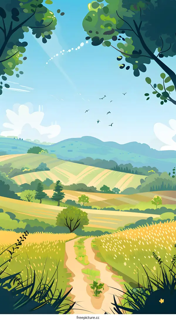 Rural Landscape with Winding Path and Green Hills