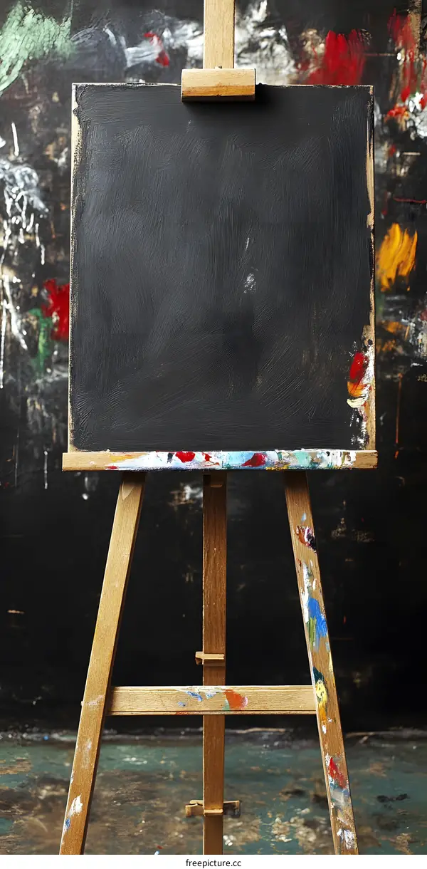 Empty Canvas on Wooden Easel Against Colorful Background