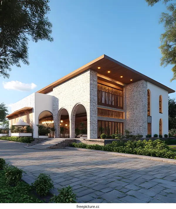 Modern Stone House with Archway and Patio