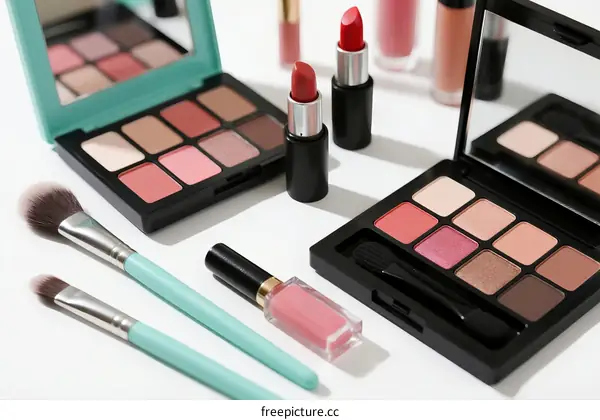 Assorted makeup products including palettes lipsticks and brushes