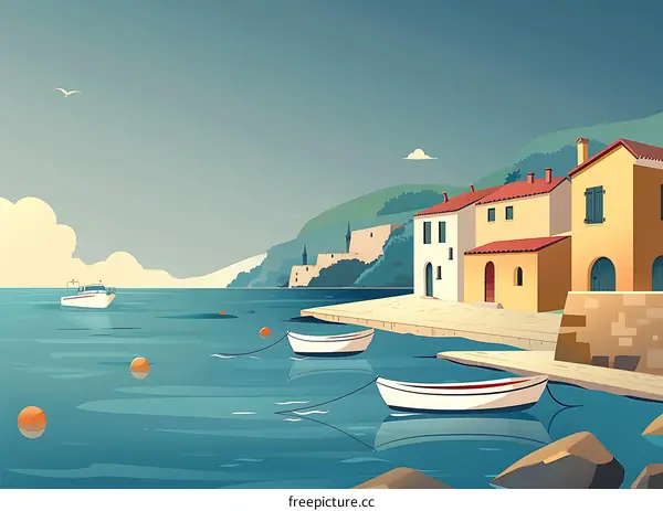Mediterranean Coastline with Traditional Houses and Boats