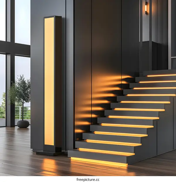 Modern Black Staircase with Warm LED Lighting