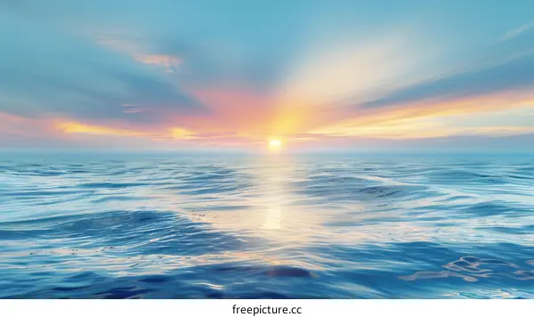 The setting sun casts a golden glow on the ocean