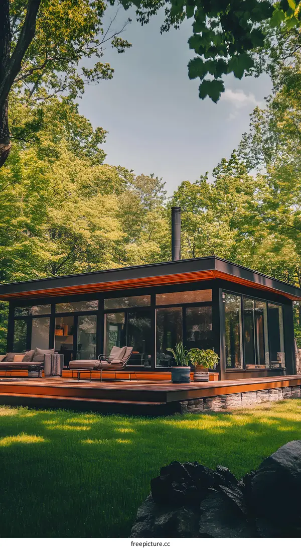 Modern Glass House Surrounded By Trees
