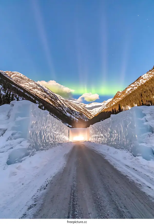 Frozen Road Under Aurora Borealis