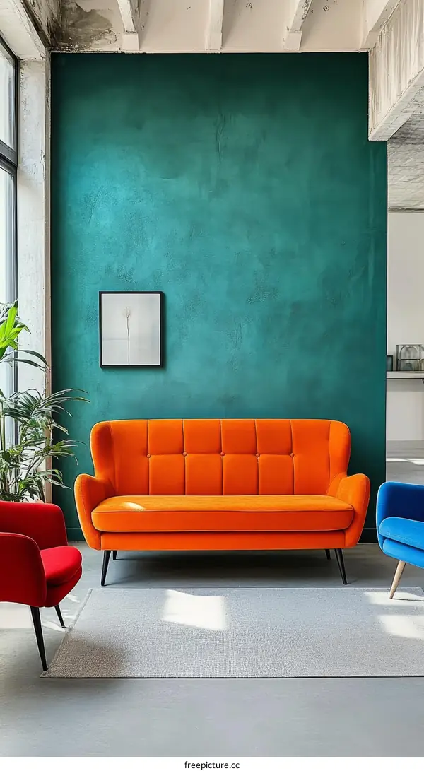 Modern Living Room with Orange Sofa and Teal Wall
