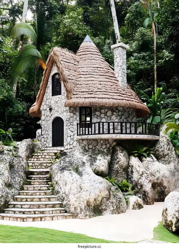 Stone Cottage with Thatched Roof in the Forest