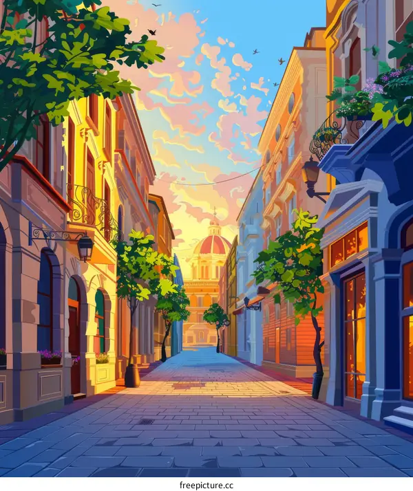 Sunset in a Lively European City Street