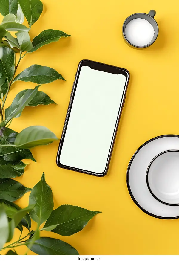 Blank Phone Screen with Green Leaves on Yellow Background