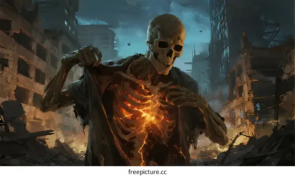 Skeletal Figure with Glowing Chest in Ruined Urban Setting