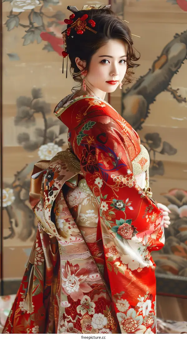A Japanese Geisha in a red kimono