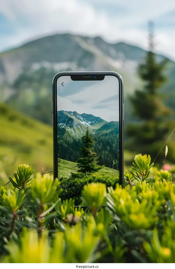 Smartphone Displaying Mountain Landscape in Nature