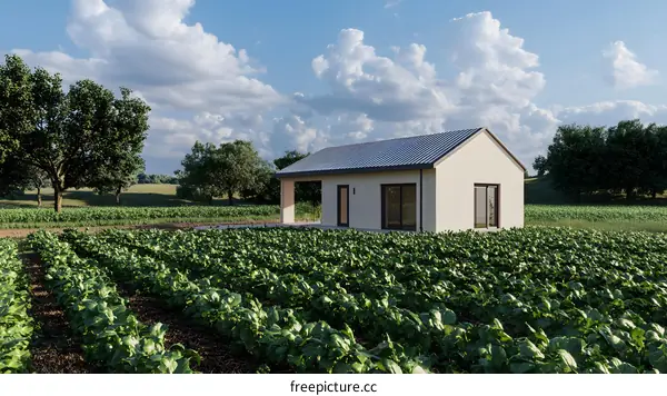 Modern Minimalist House Design in Field with Green Plants