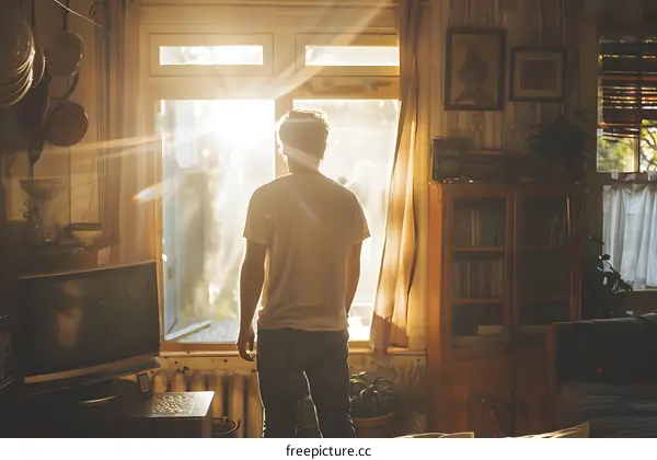 man looking out the window