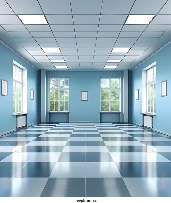 Empty Blue Room with Checkered Floor and Windows