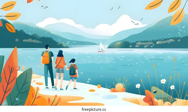 Family Hiking By The Lake And Mountains