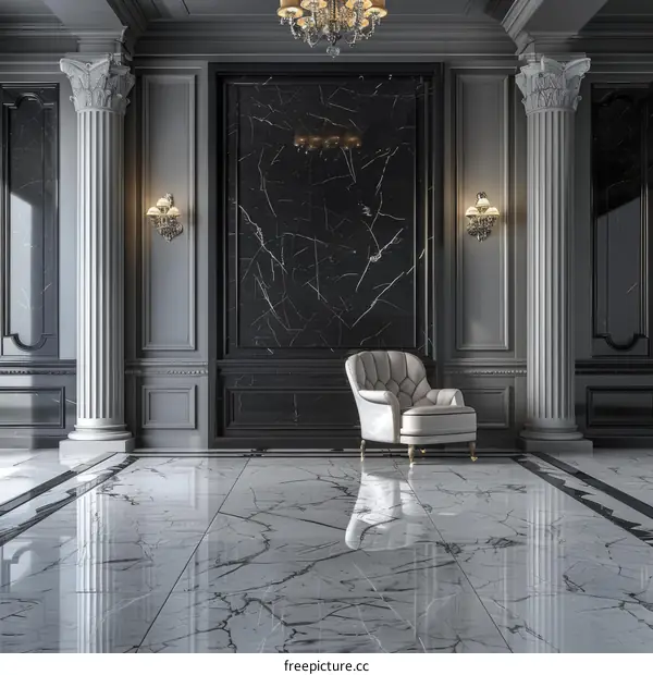 Black and white marble room with a single chair