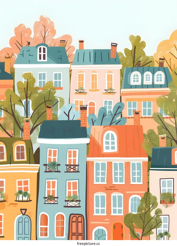 Cute Illustration Of Colorful Houses With Green Trees And Blue Sky