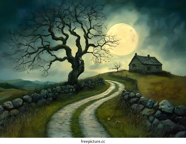 Lonely House on a Hill with Full Moon and a Winding Road
