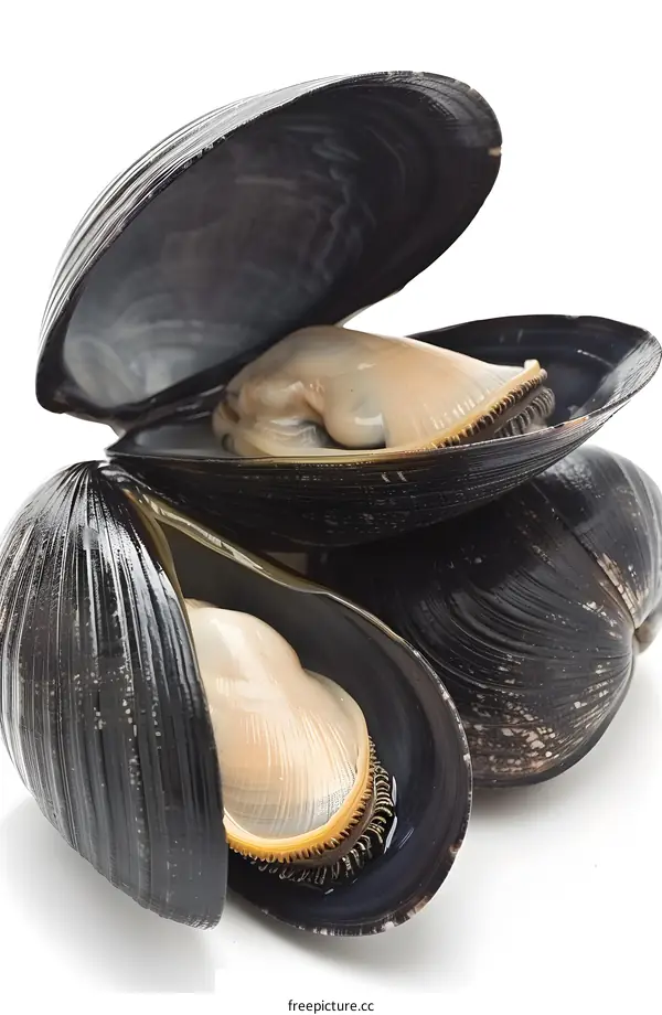Fresh open mussels on white background
