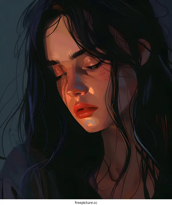 Digital Painting Portrait of a Woman with Long Black Hair