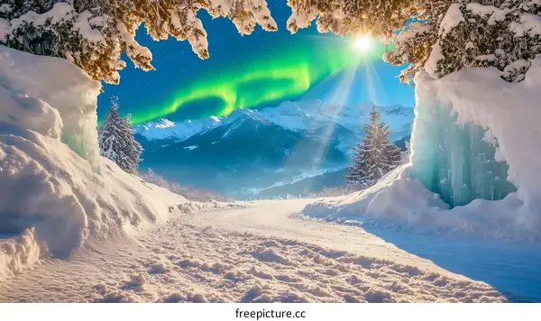 Winter Landscape with Snow Covered Mountains and Northern Lights