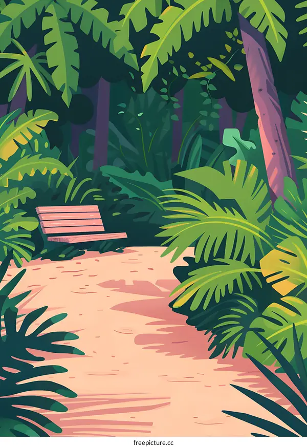 Tropical Forest Illustration with Bench