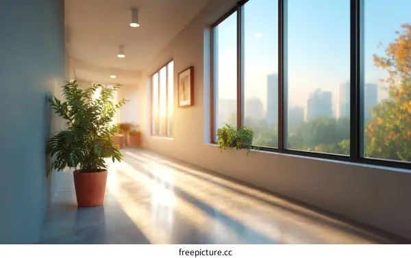 Modern Sunny Corridor with City View