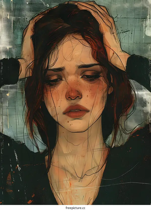 A portrait of a crying woman with red hair and freckles