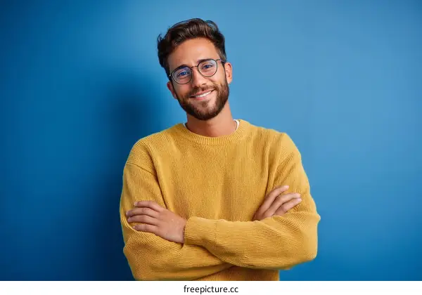 Smiling Man in Yellow Sweater against Blue Background